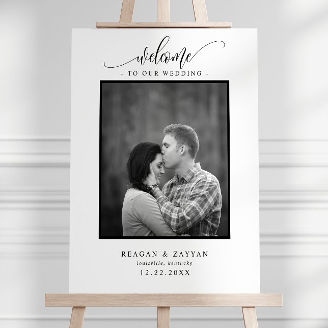 Black And White Calligraphy Photo Wedding Welcome Foam Board (Creator Uploaded)