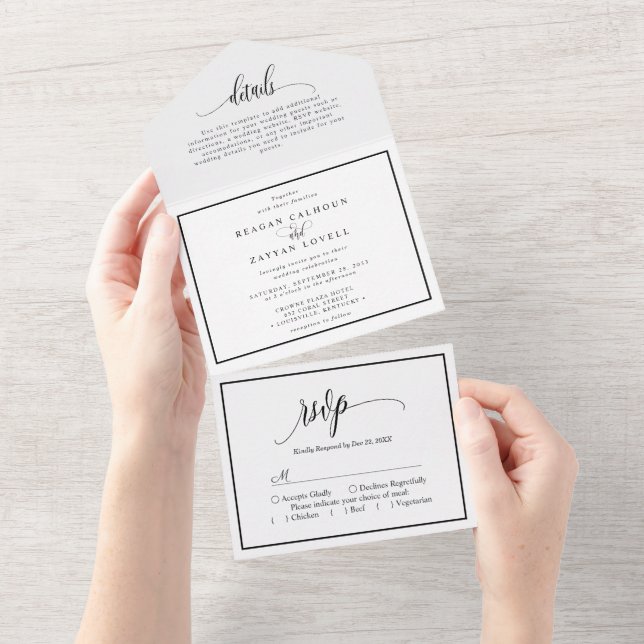 Black And White Calligraphy Script Wedding  All In One Invitation (Tearaway)