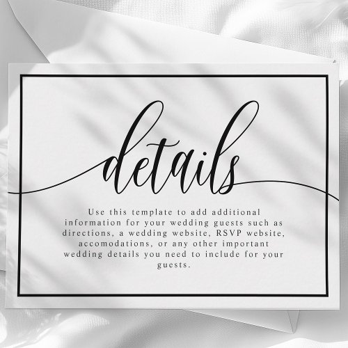 Black And White Calligraphy Script Wedding Details Enclosure Card