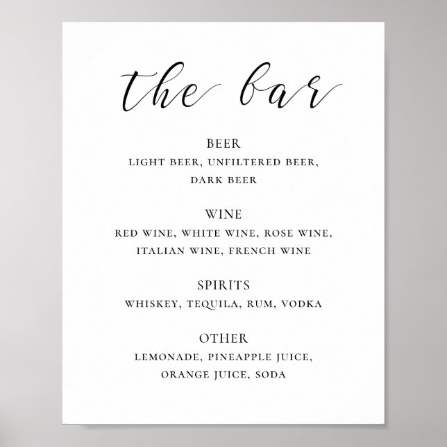 Black and white calligraphy wedding drinks bar poster (Front)