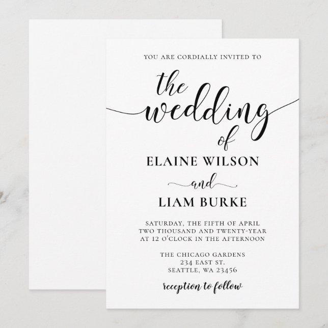Black and White  Calligraphy Wedding Invitation (Front/Back)