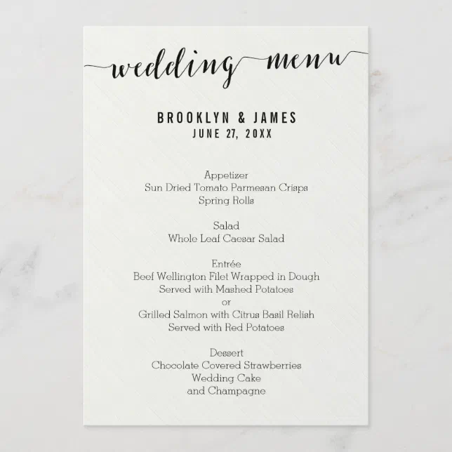 Black And White Calligraphy Wedding Menu Cards | Zazzle