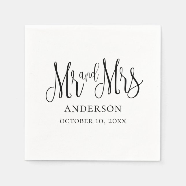 Black and white calligraphy wedding. Mr and mrs Napkins (Front)