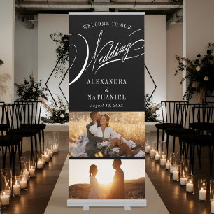 Black and White Calligraphy Wedding Photo Grid Retractable Banner