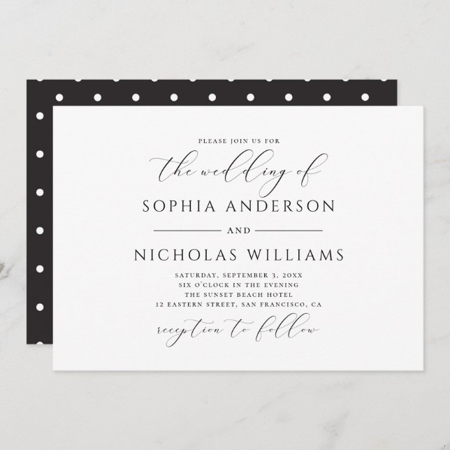 Black and white calligraphy wedding. Polka dots Invitation (Front/Back)