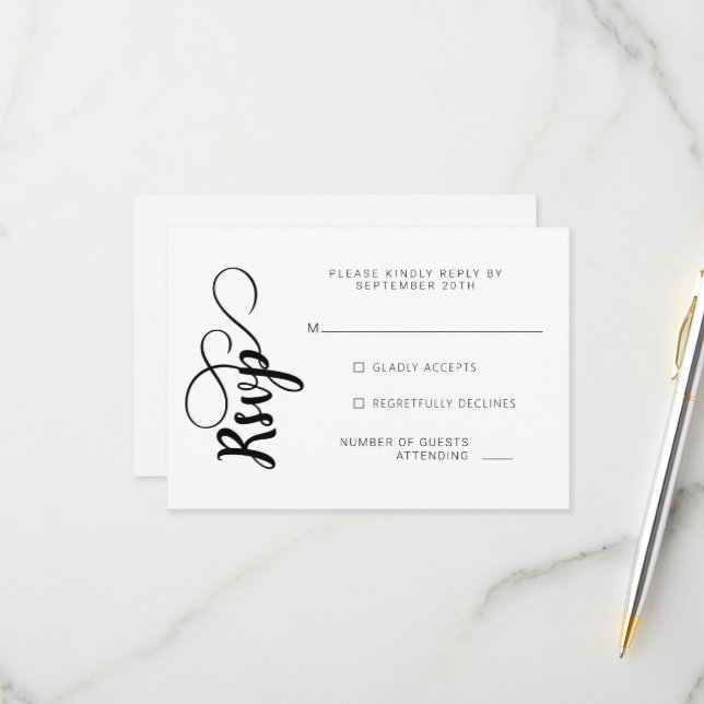 Black and White Calligraphy Wedding RSVP Cards (Front/Back In Situ)