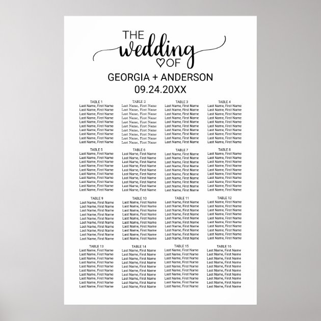 Black And White Calligraphy Wedding Seating Chart