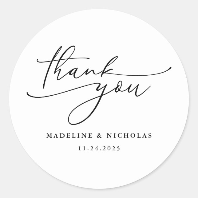 Black And White Calligraphy Wedding Thank You Classic Round Sticker (Front)