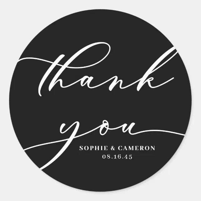 Black and White Calligraphy Wedding Thank You Classic Round Sticker ...