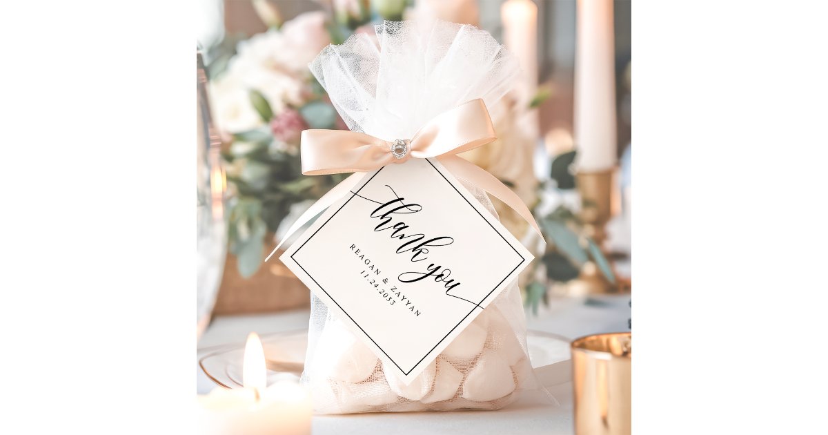 Black And White Calligraphy Wedding Thank You Favor Tags | Zazzle