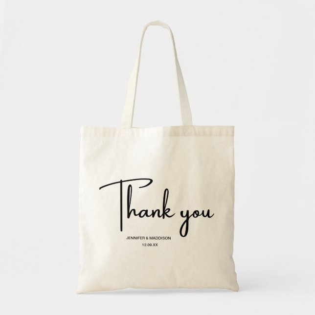 Black and White Calligraphy Wedding Thank You Tote Bag (Front)