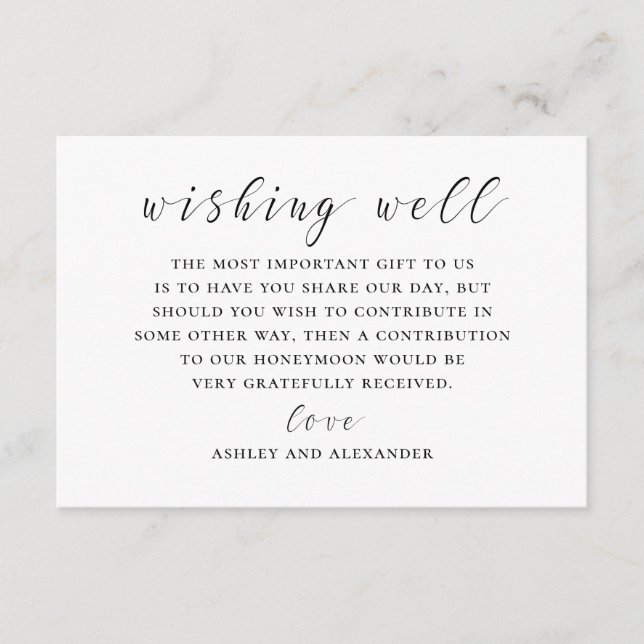 Black and white calligraphy wedding wishing well enclosure card (Front)