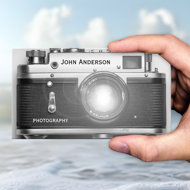 Black and White Camera Photographer Business Card (Business card featuring a black and white image of a retro camera - photographer - photography)
