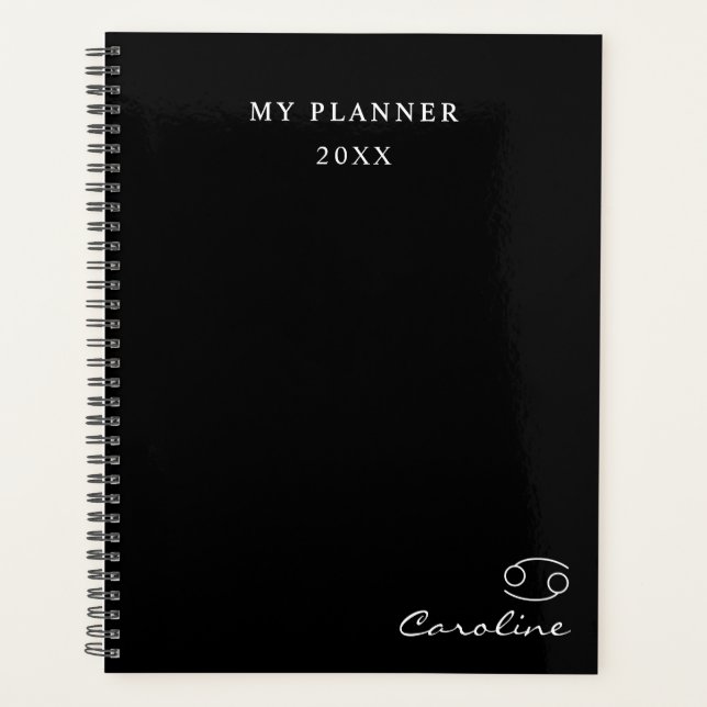 Black and White Cancer Zodiac Symbol Planner (Front)