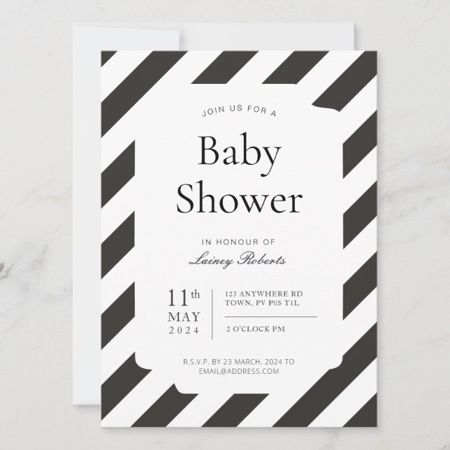 Black and White Candy Cane Diagonal Stripe Shower Invitation (Front)