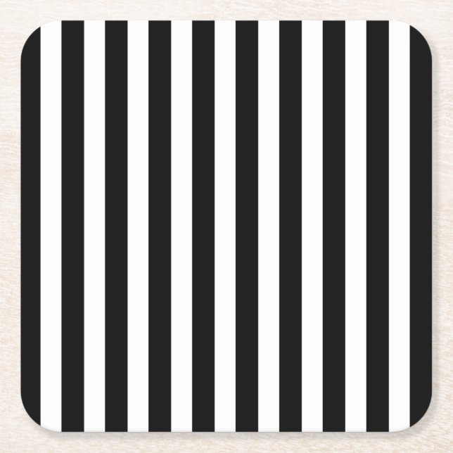 Black and white candy stripes square paper coaster (Front)
