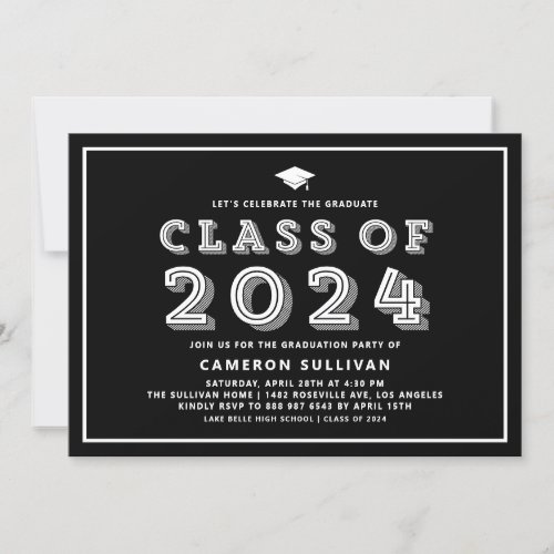 Black and White Cap Class of 2024 Retro Graduation Invitation