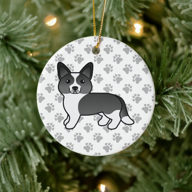 Black And White Cardigan Welsh Corgi Cartoon Dog Ceramic Ornament (Tree)