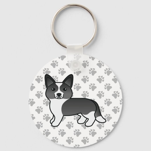 Black And White Cardigan Welsh Corgi Cartoon Dog Keychain (Front)