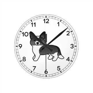 Black And White Cardigan Welsh Corgi Cartoon Dog Round Clock