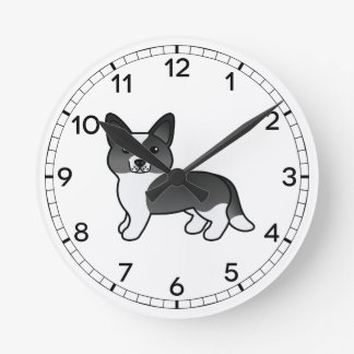Black And White Cardigan Welsh Corgi Cartoon Dog Round Clock