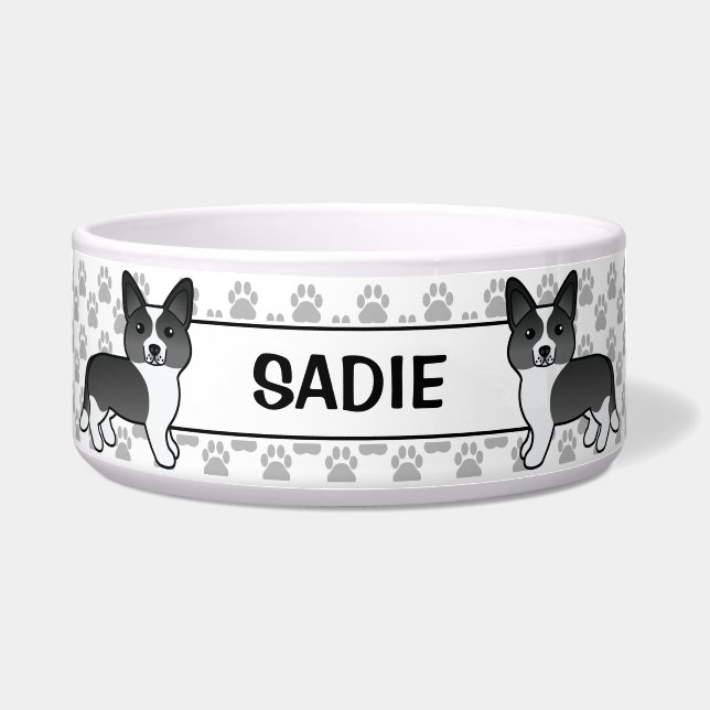 Black And White Cardigan Welsh Corgi Dog & Name Bowl (Front)