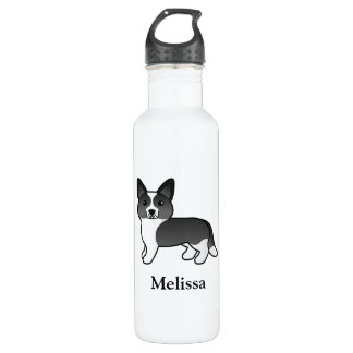Black And White Cardigan Welsh Corgi Dog &amp; Name Stainless Steel Water Bottle
