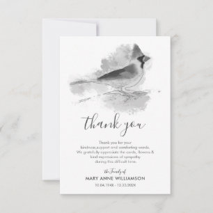 Black and White Cardinal Bird Funeral Thank You Card