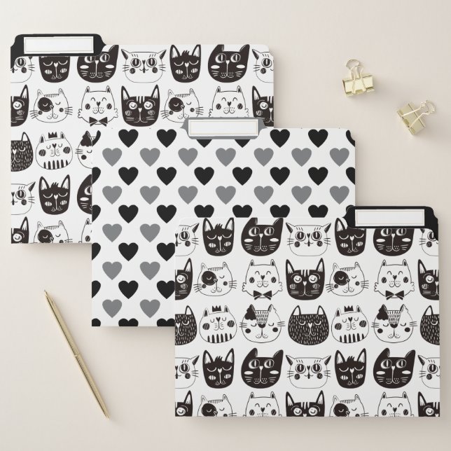 Black and White Cartoon Cat Faces and Hearts File Folder (Set)