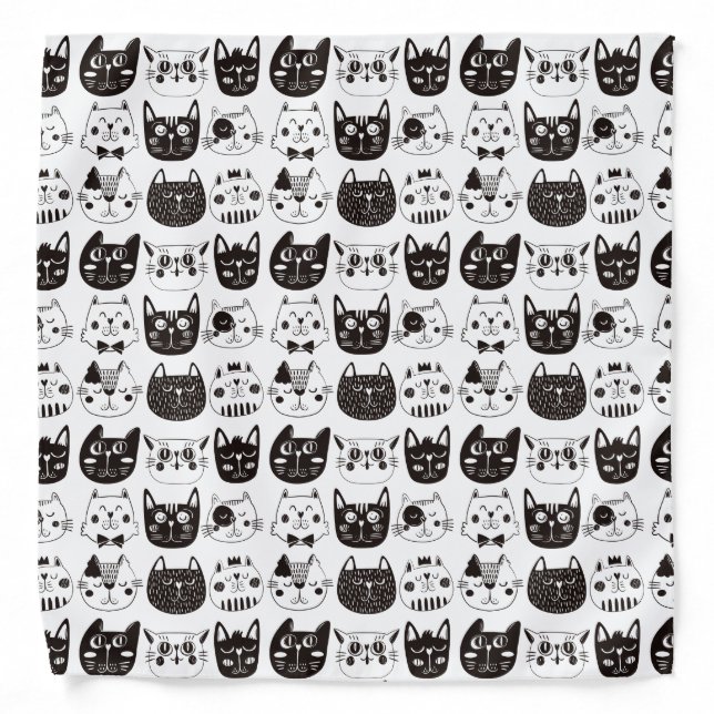 Black and White Cartoon Cat Faces Pattern Bandana (Front)