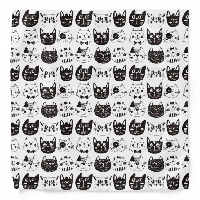 Black and White Cartoon Cat Faces Pattern Bandana | Zazzle