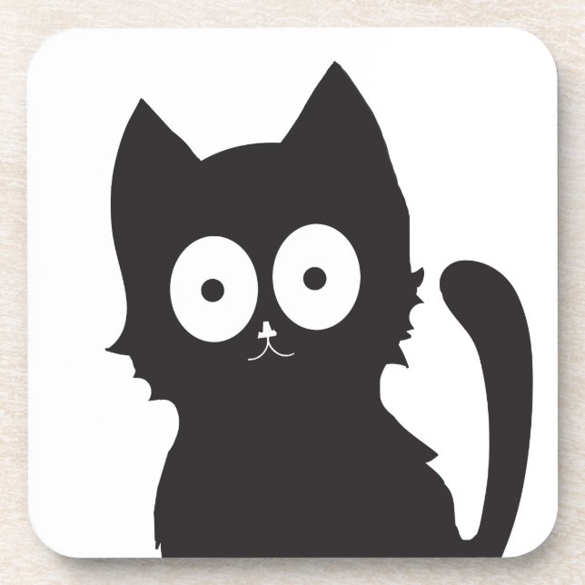 Black and White Cartoon Cat Silhouette Beverage Coaster (Front)