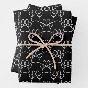 Black And White Cartoon Puppy Paw Print Pattern Wrapping Paper Sheets