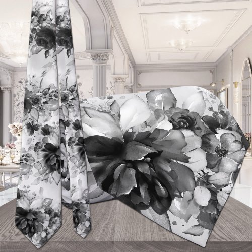 Black And White Cascading Peonies Wedding Neck Tie