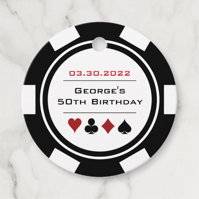 Black and White Casino Poker Chip Birthday Favor Tags (Front)