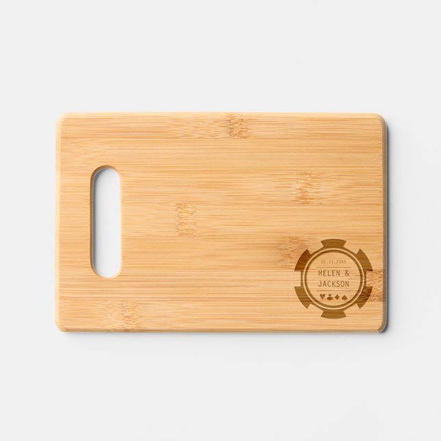 Black and White Casino Poker Chip Wedding Engraved Cutting Board (Front)