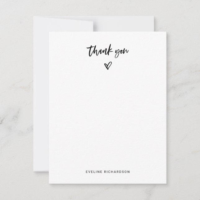 Black and White Casual Script and Heart Thank You Note Card (Front)