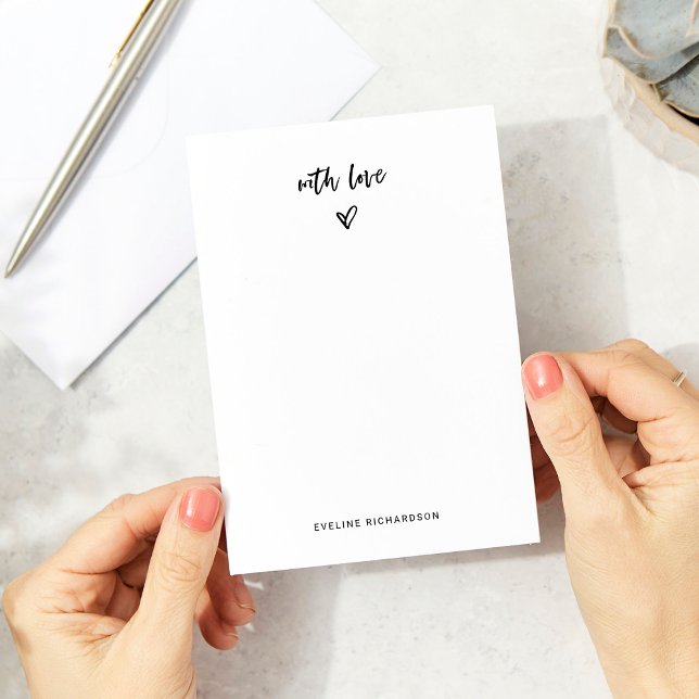 Black and White Casual Script and Heart With Love Note Card (Sweet and simple note cards with a trendy, hand-drawn heart and casual script typography)
