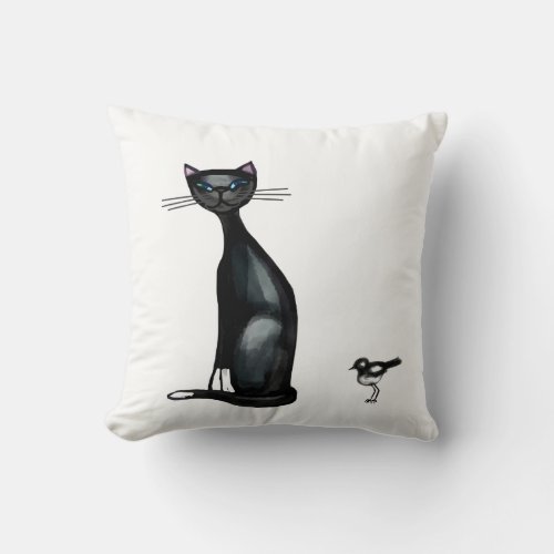 Black and white cat and birds throw pillow