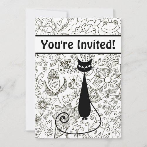 Black and White Cat and Garden Birthday Invitation