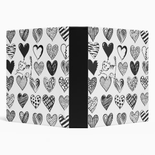 Black and White Cat and Heart Pattern 3 Ring Binder
