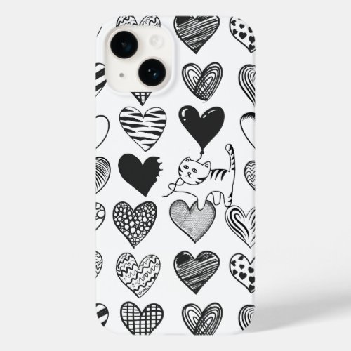 Black and White Cat and Heart Pattern Case_Mate iPhone 14 Case