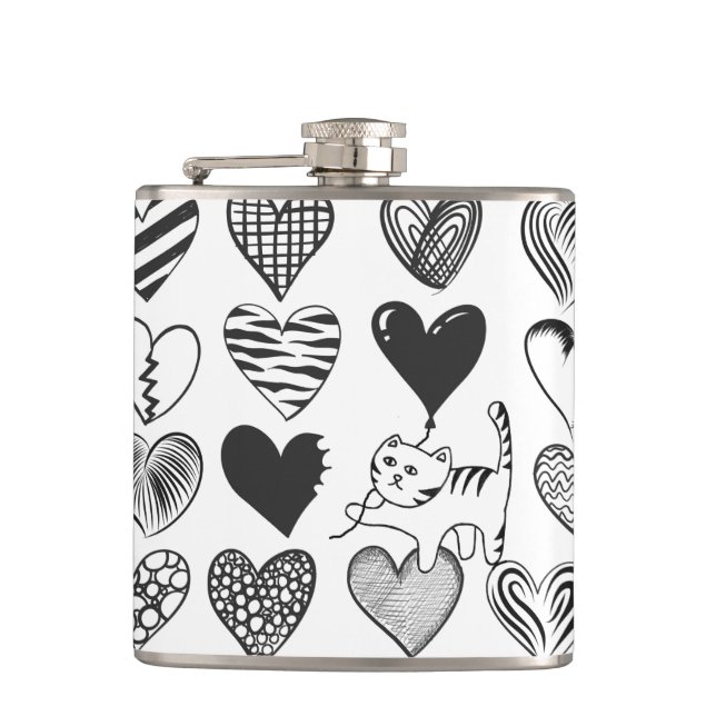 Black and White Cat and Heart Pattern Flask (Front)