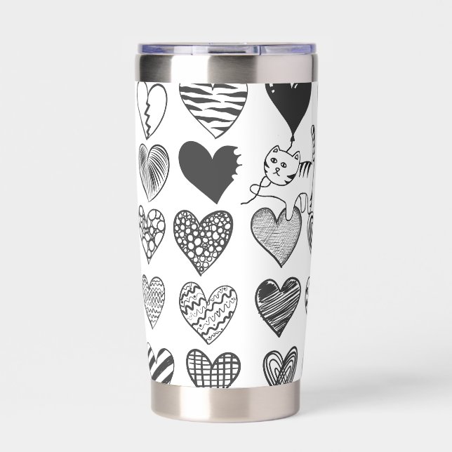 Black and White Cat and Heart Pattern Insulated Tumbler (Front)