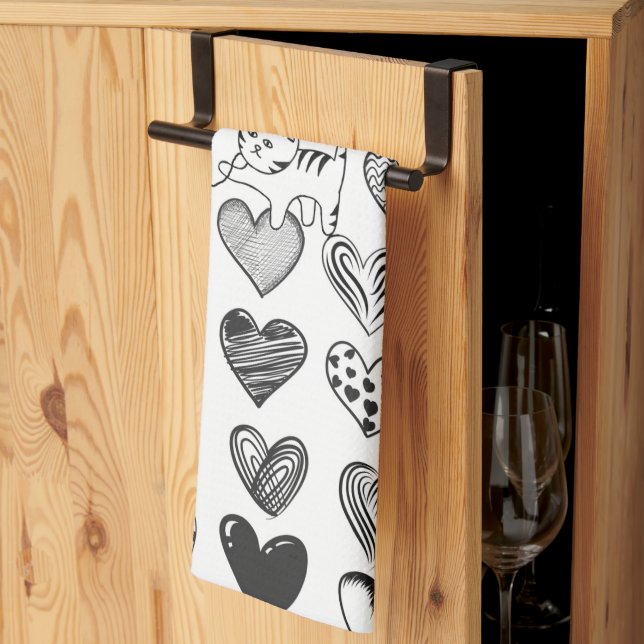 Black and White Cat and Heart Pattern Kitchen Towel (Thirds Fold)