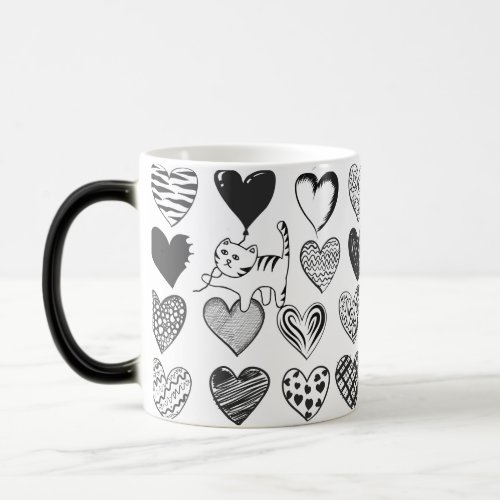 Black and White Cat and Heart Pattern Magic Mug