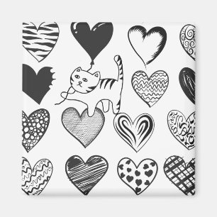 Black and White Cat and Heart Pattern Magnet