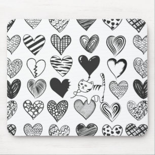 Black and White Cat and Heart Pattern Mouse Pad