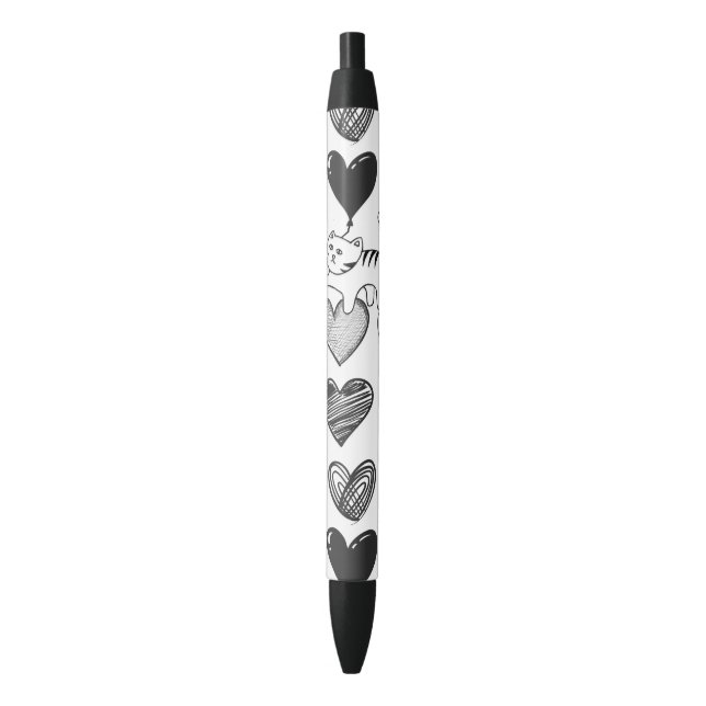 Black and White Cat and Heart Pattern Pen (Front Vertical)