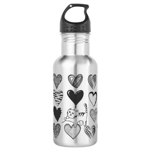 Black and White Cat and Heart Pattern Stainless Steel Water Bottle